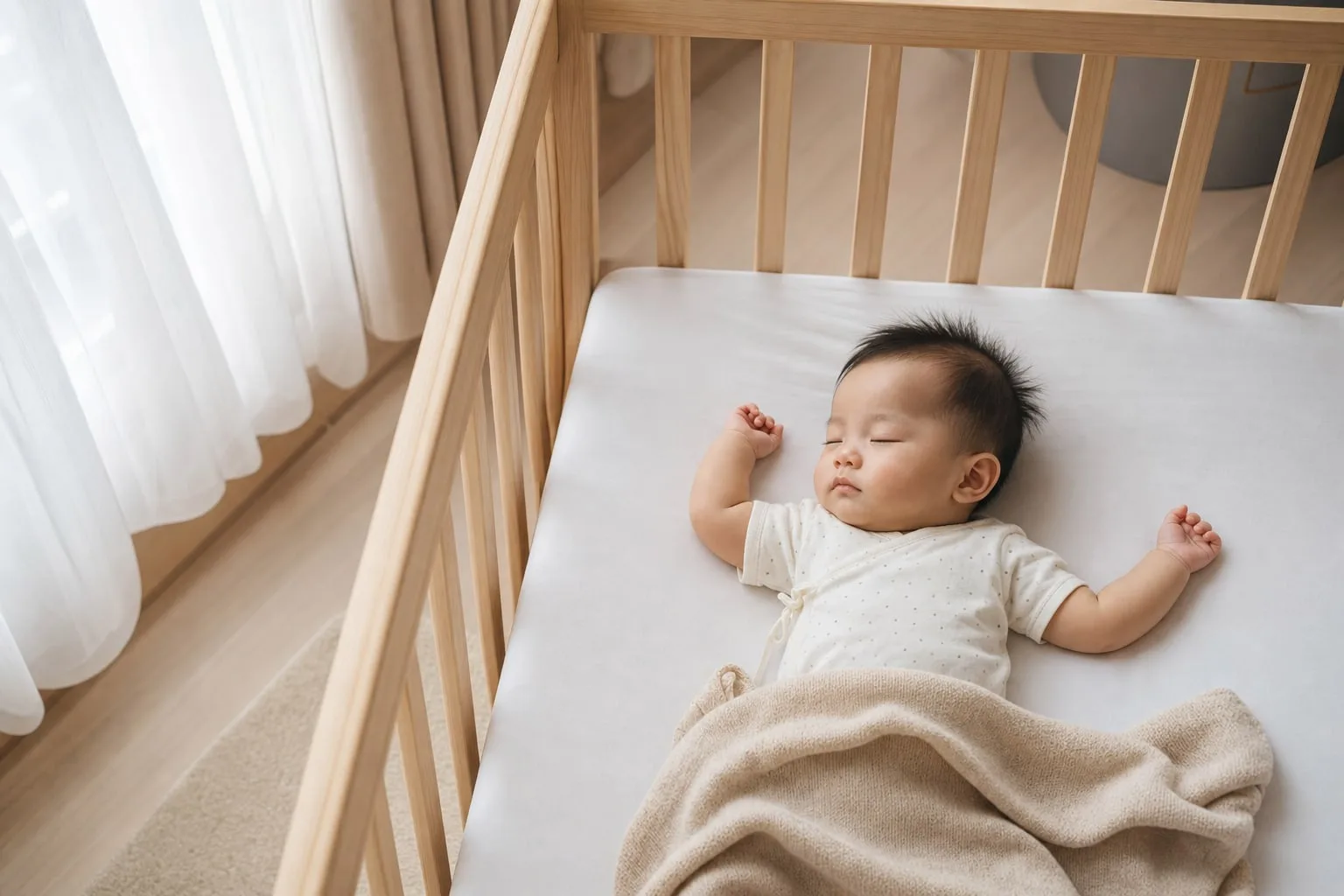 A baby asleep on their back in a wooden cot in soft morning light