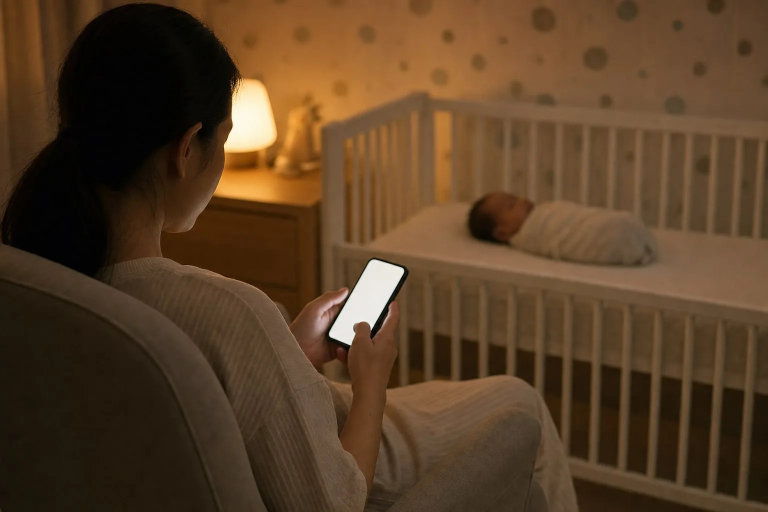 A parent in a dim nursery at night, phone in hand, baby asleep in the cot behind