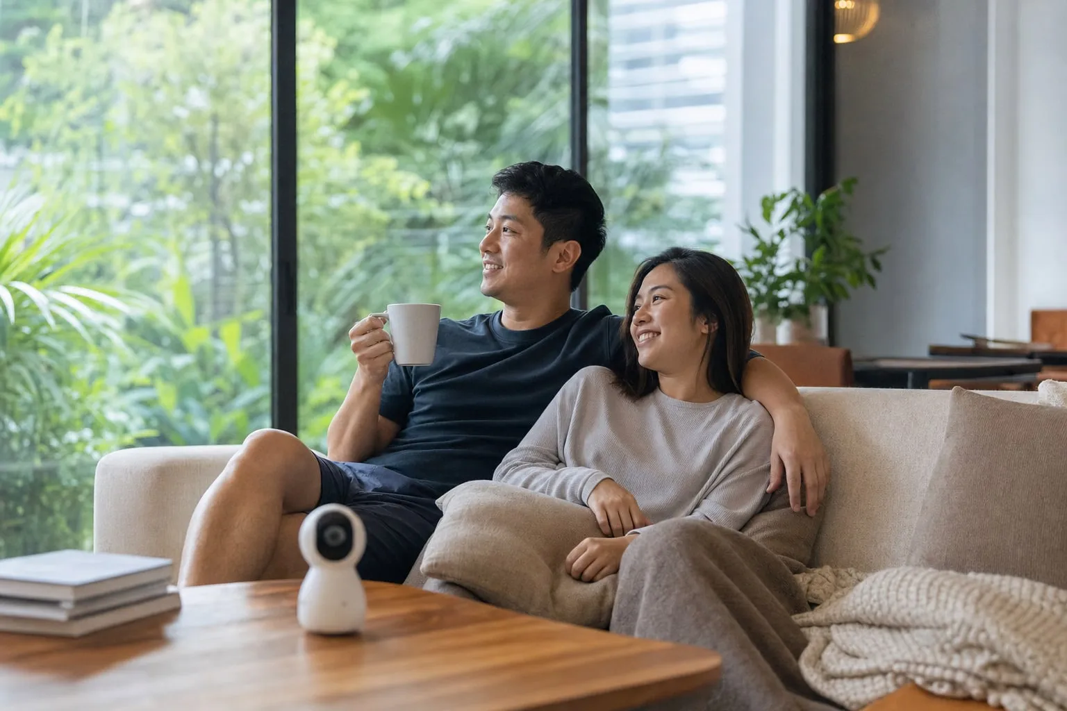 Two rested parents sharing a coffee in the morning